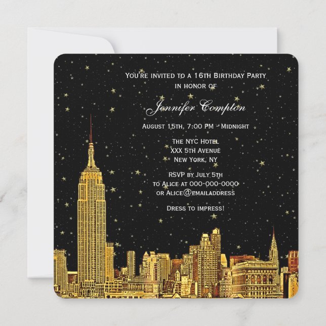 Gold NYC Skyline Etched Starry Sky SQ Sweet 16 Invitation (Back)