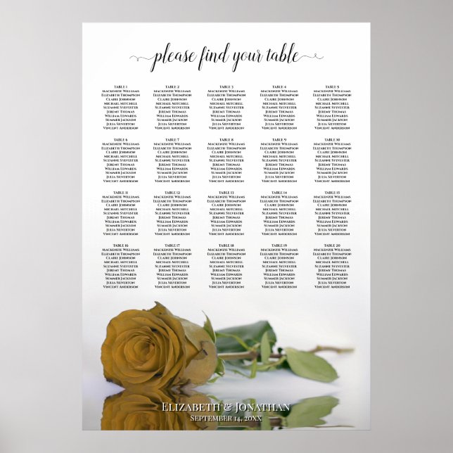 Gold Ochre Rose 20 Table Wedding Seating Chart (Front)