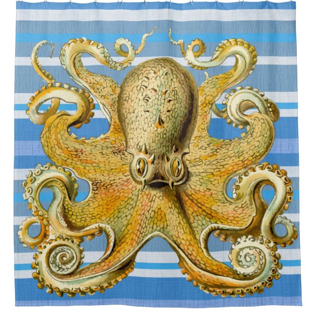 Gold Octopus  Blue white stripe  Shower curtain (Front)