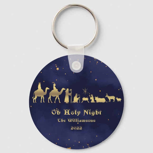 Gold Oh Holy Starry Night Christmas Ceramic  Key Ring (Front)