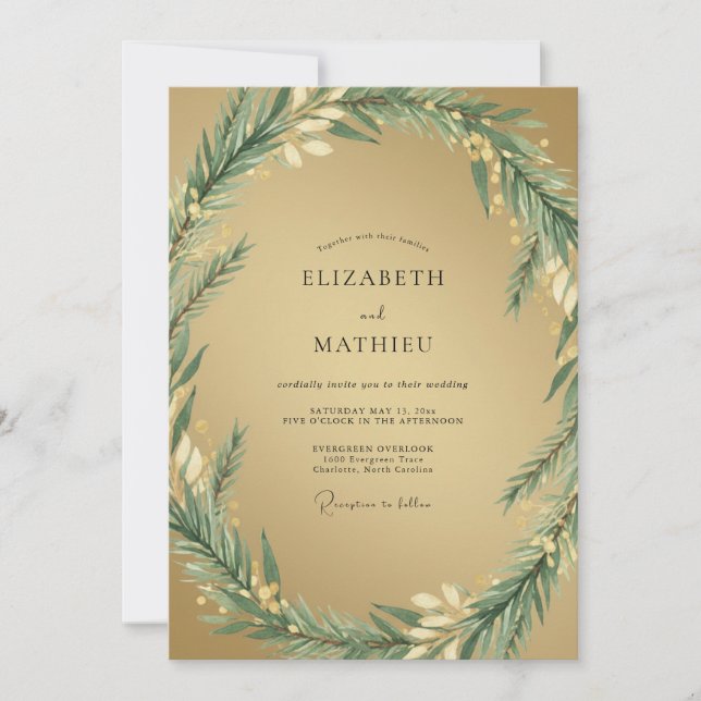 Gold Olive Foliage Grey Eucalyptus Wedding Invitation (Front)