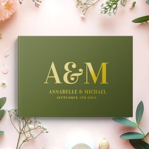 GOLD OLIVE GREEN MONOGRAM MINIMALIST WEDDING GUEST BOOK