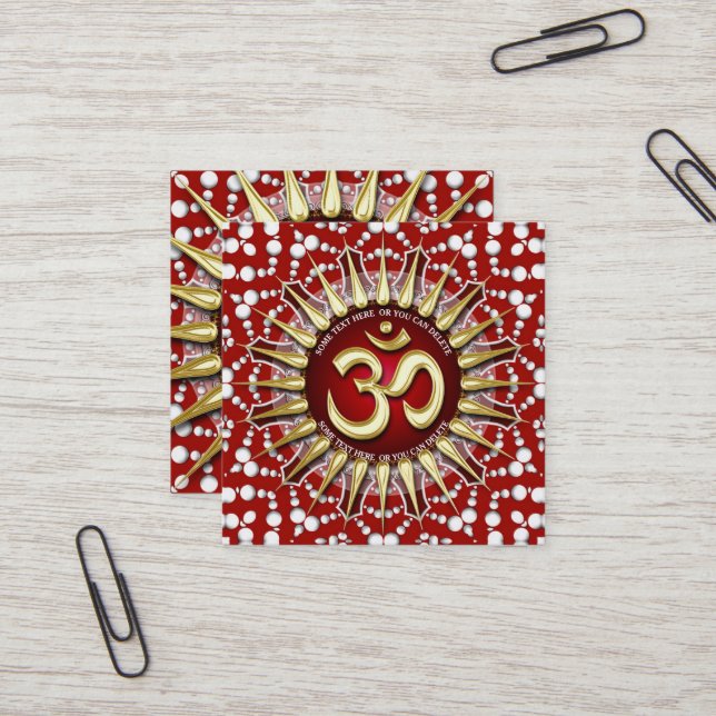 Gold OM Holistic Red White Mandala Square Business Card (Front/Back In Situ)