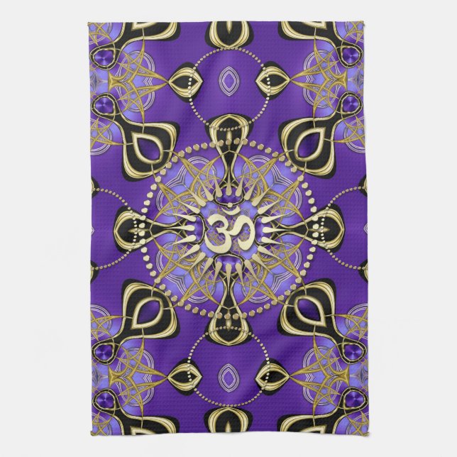 Gold OM Purple Goa Skies New Age Home Decor Tea Towel (Vertical)