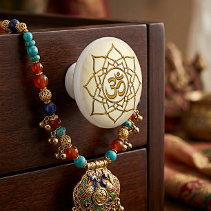 Gold Om Symbol on Sacred Lotus Ceramic Knob