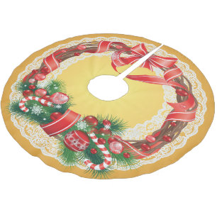 Gold Ombre and Lace with Christmas Wreath Brushed Polyester Tree Skirt