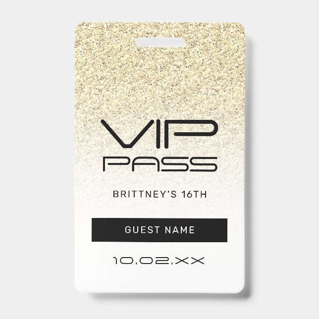 Gold Ombre Glitter Glam VIP Pass 16th Invitation ID Badge (Front)