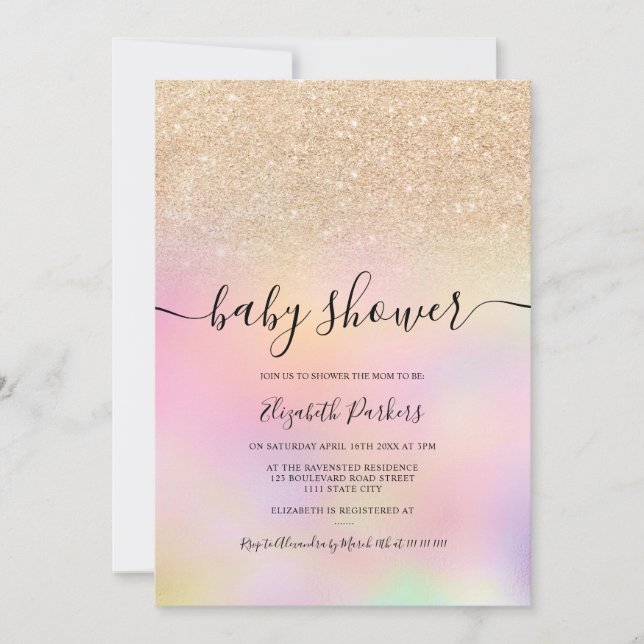 Gold ombre glitter holographic girl baby shower invitation (Front)