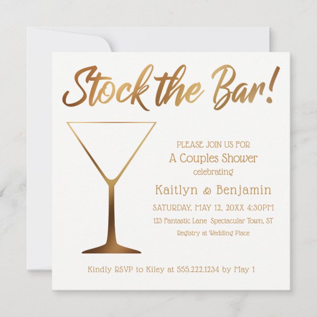 Gold Ombre & White Couples Stock the Bar Shower Invitation (Front)