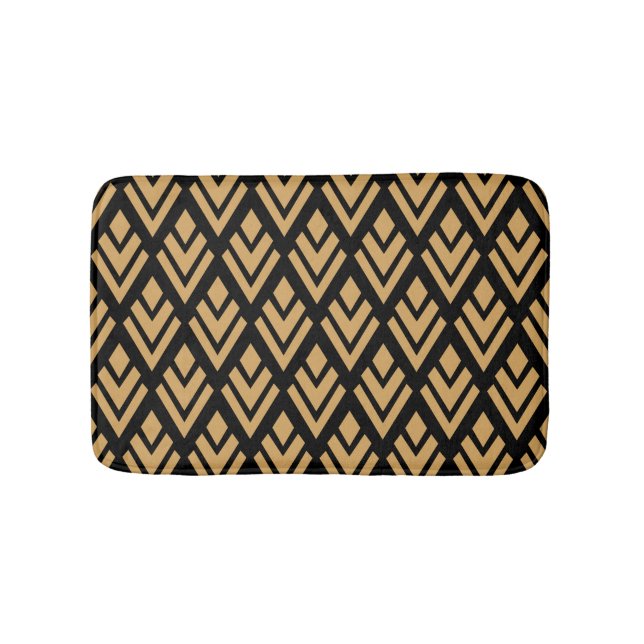 Gold on Black Art Deco Geometric Pattern Bath Mat (Front)