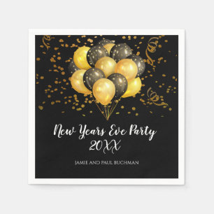 Gold On Black Balloons And Confetti New Years Eve Napkin