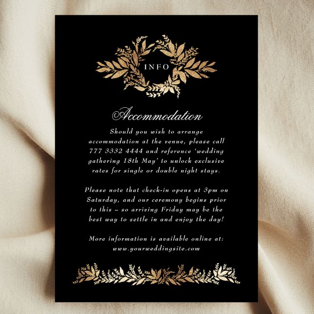 gold on black botanical wreath wedding extra info enclosure card (Creator Uploaded)
