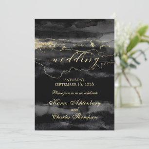 Gold On Black Brushwork Watercolor Modern Wedding Invitation