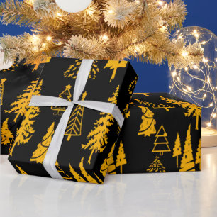 Gold on Black Christmas Trees Wrapping Paper