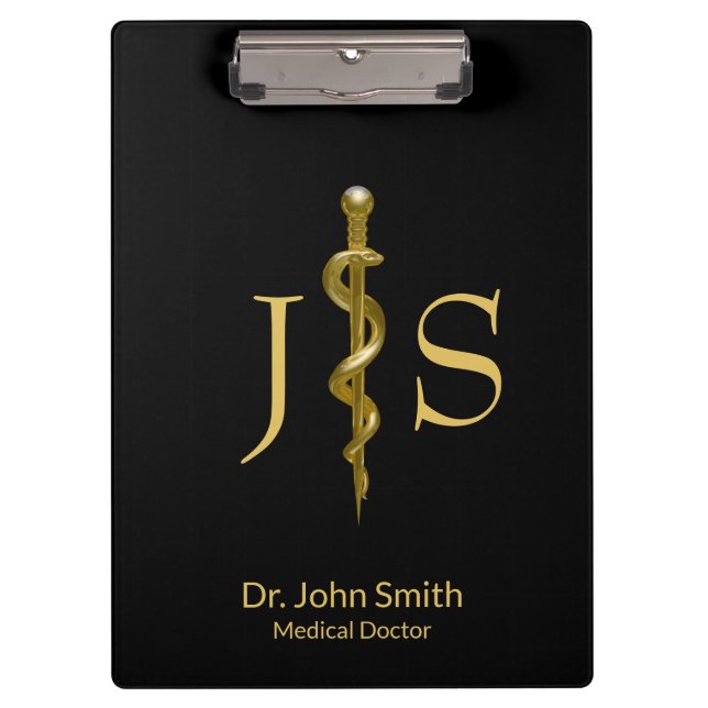 Gold on Black Classy Rod of Asclepius Medical Clipboard (Front)