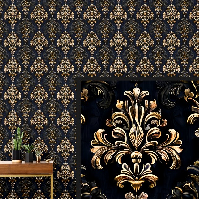 Gold on Black Dramatic Gothic Damask Wallpaper (Creator Uploaded)