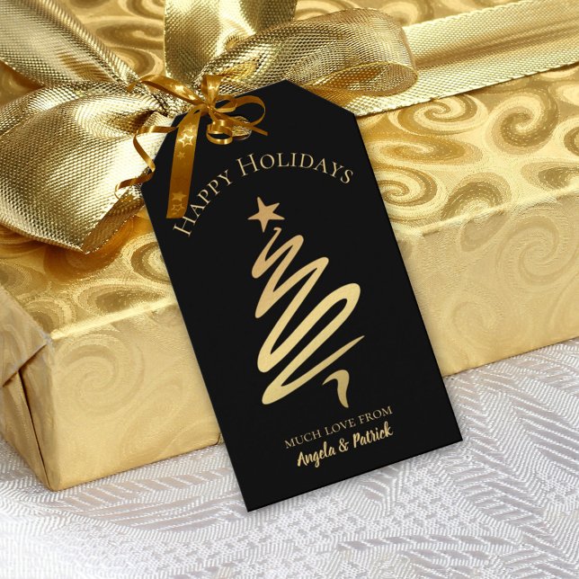 Gold on Black Elegant Christmas Tree Gift Tag (Creator Uploaded)