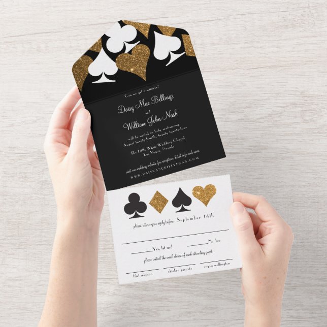 Gold on Black Faux Glitter Las Vegas Wedding All In One Invitation (Tearaway)