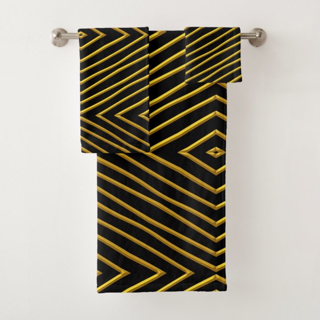 Gold On Black Geometric Design Bath Towel Set (Insitu)