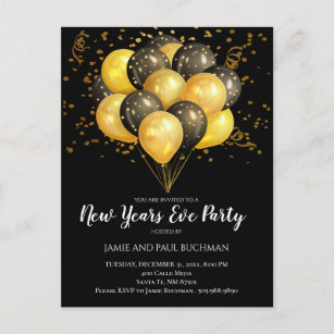 Gold On Black New Years Eve Balloons Party Postcard