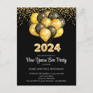 Gold On Black New Years Eve Balloons Party  Postcard