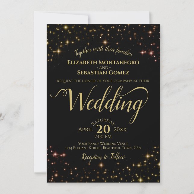 Gold on Black Starry Skies Evening Wedding Invitation (Front)