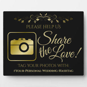 Gold on Black Wedding Photo Share Hashtag Sign Plaque
