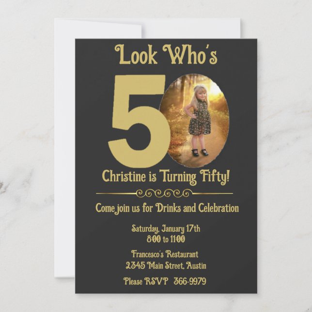 Gold on Black with photo 50th Birthday  Invitation (Front)