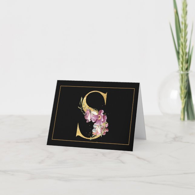 GOLD on BLACK WITH PIN FLORAL MONOGRAM S Note Card (Front)