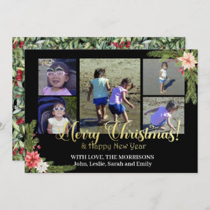 Gold on Black with Poinsettias 5 Photo Collage Holiday Card