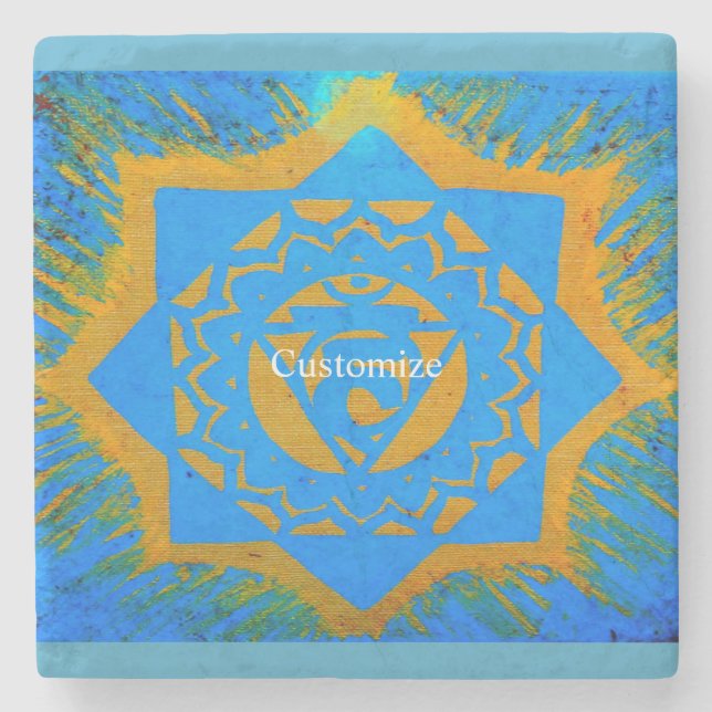 Gold on blue tantric symbol stone coaster (Front)
