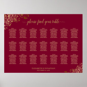 Gold on Burgundy 21 Table Wedding Seating Chart