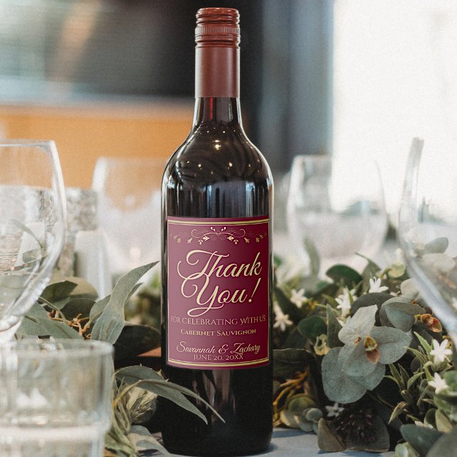 Gold on Burgundy Maroon Elegant Wedding Thank You Wine Label (Creator Uploaded)