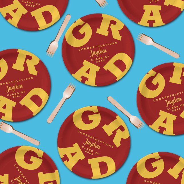 Gold on Cardinal Red Bold Graduation Paper Plate (Creator Uploaded)