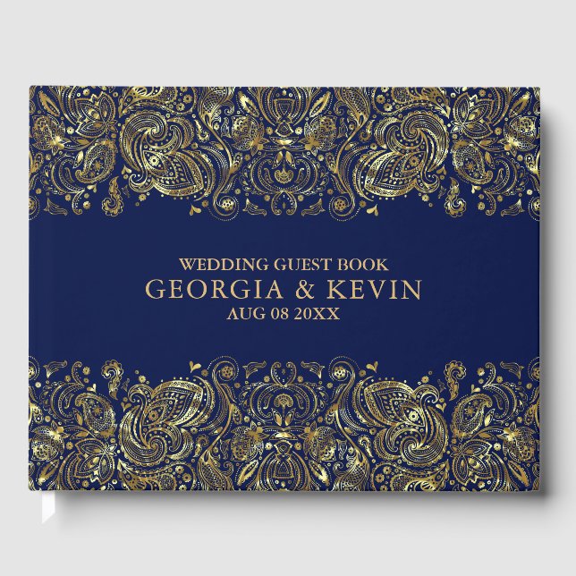 Gold On Dark-Blue Floral Paisley Lace Guest Book (Front)