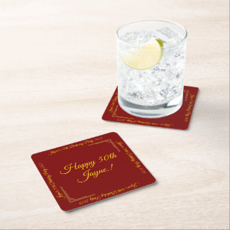 Gold on Deep Red Birthday Party Square Paper Coaster