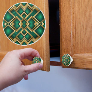 Gold on Emerald Geo Bursts Ceramic Knob