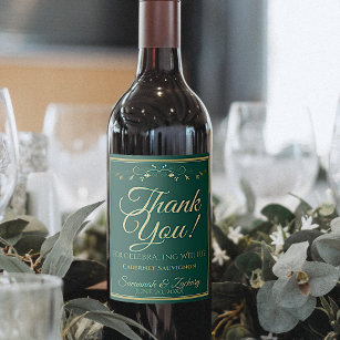 Gold on Emerald Green Wedding Thank You Wine Label