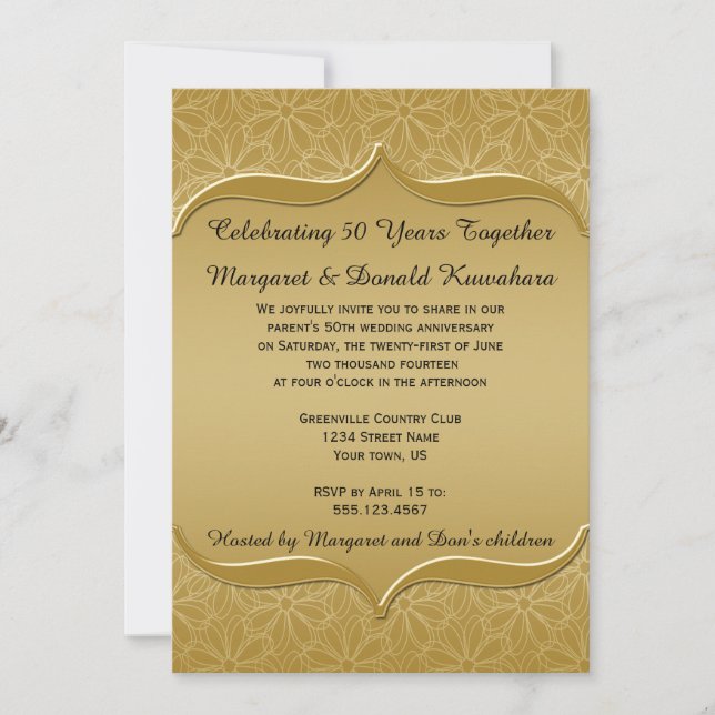 Gold on Gold Daisies Ornate Frame 50th Anniversary Invitation (Front)