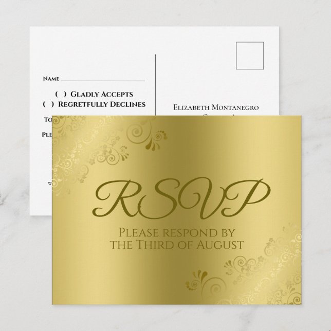 Gold on Gold Elegant Floral Filigree Wedding RSVP Postcard (Front/Back)