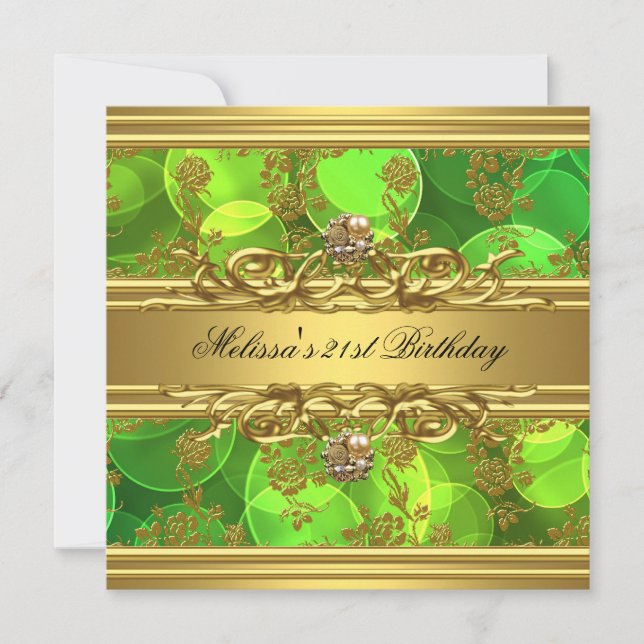 Gold On Green 21st Birthday Party Jewels Damask Invitation (Front)