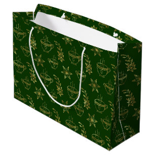 Gold on green Christmas symbols seamless pattern Large Gift Bag