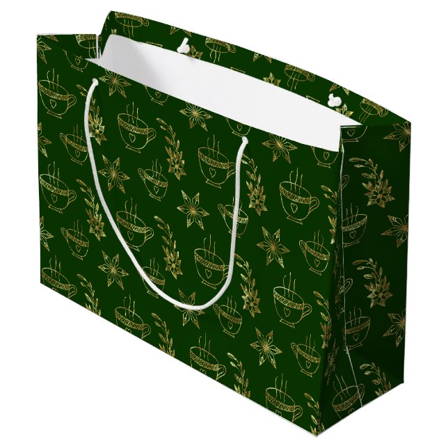 Gold on green Christmas symbols seamless pattern Large Gift Bag (Back Angled)