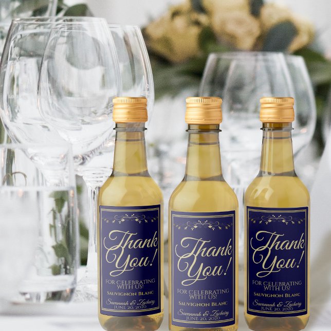 Gold on Navy Blue Wedding Mini Thank You Wine Label (Creator Uploaded)