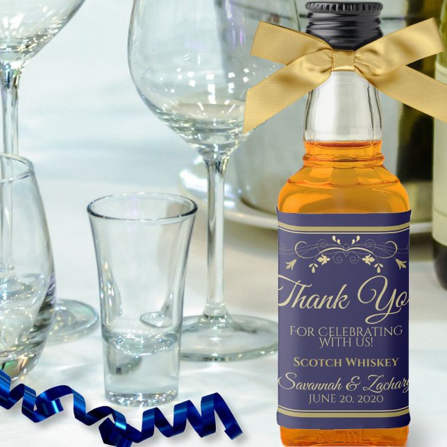 Gold on Navy Blue Wedding Thank You Mini Liquor Bottle Label (In Situ with Bow)