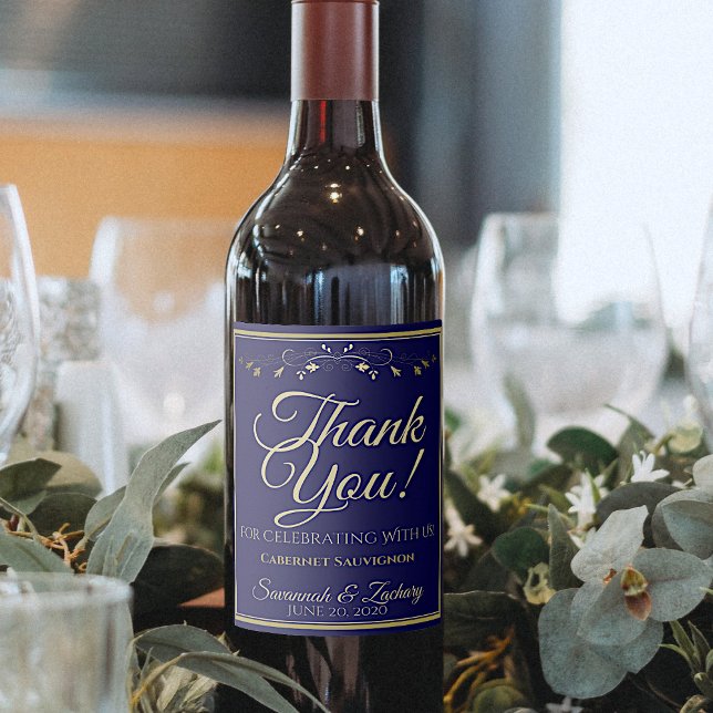 Gold on Navy Blue Wedding Thank You Wine Label (Creator Uploaded)