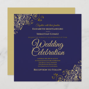 Gold on Navy Simple Elegant Square Wedding Invitation
