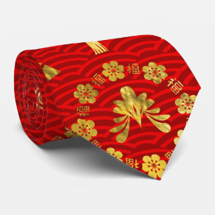 Gold on Red Lucky Chinese Symbols Pattern Tie
