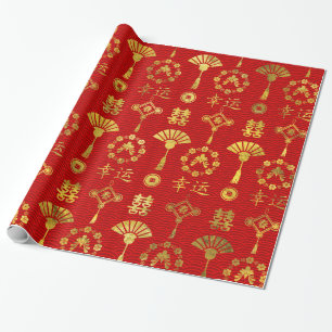 Gold on Red Lucky Chinese Symbols Pattern Wrapping Paper