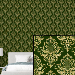 Gold on Rich Dark Green Classic Damask Pattern Wallpaper